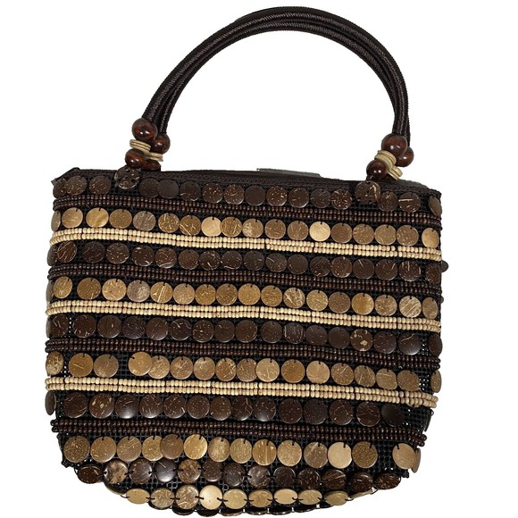Handmade Coco Bead Shoulder Bag Brown Tan Boho Artsy Eclectic Beachy Resort Wear - Picture 1 of 8